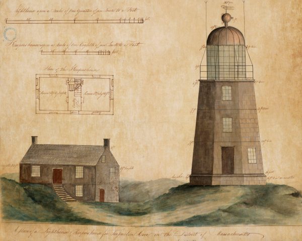 Tarpaulin Cove Light Lighthouse Elevation Drawing - Keeper Dwelling, Massachusetts Lighthouse Print, Maritime Poster, Beach House Decor,