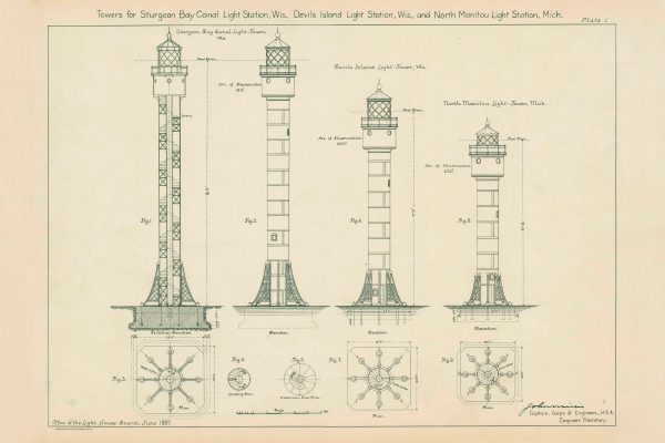 Wisconsin and Michigan Lighthouse Towers Drawings - Lighthouse Collection, Lighthouse Print, Maritime Poster Décor, Lighthouse Poster