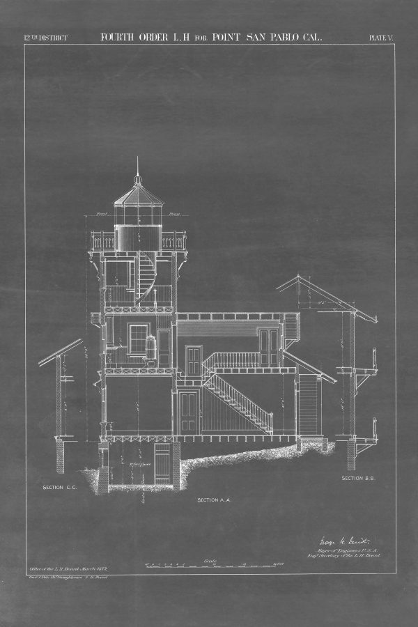 East Brother Island Lighthouse Section Drawing - Point San Pablo Lighthouse, California Lighthouse, Lighthouse Print, Beach House Décor