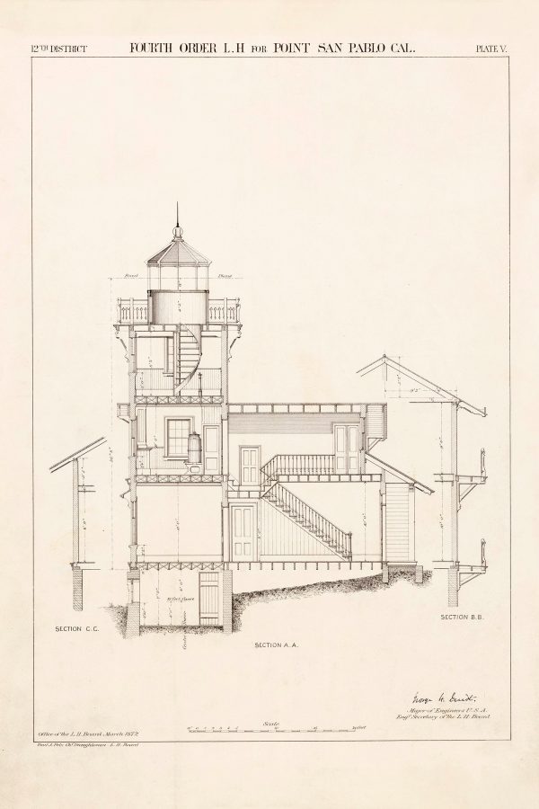 East Brother Island Lighthouse Section Drawing - Point San Pablo Lighthouse, California Lighthouse, Lighthouse Print, Beach House Décor