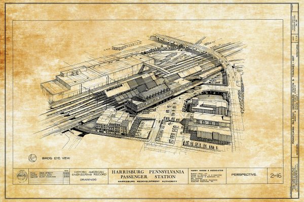 Harrisburg Pennsylvania Railroad Station Drawing - Railroad Poster, Railroad Station Blueprint, Harrisburg Station, Historic Building