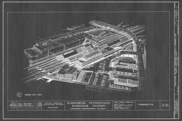 Harrisburg Pennsylvania Railroad Station Drawing - Railroad Poster, Railroad Station Blueprint, Harrisburg Station, Historic Building