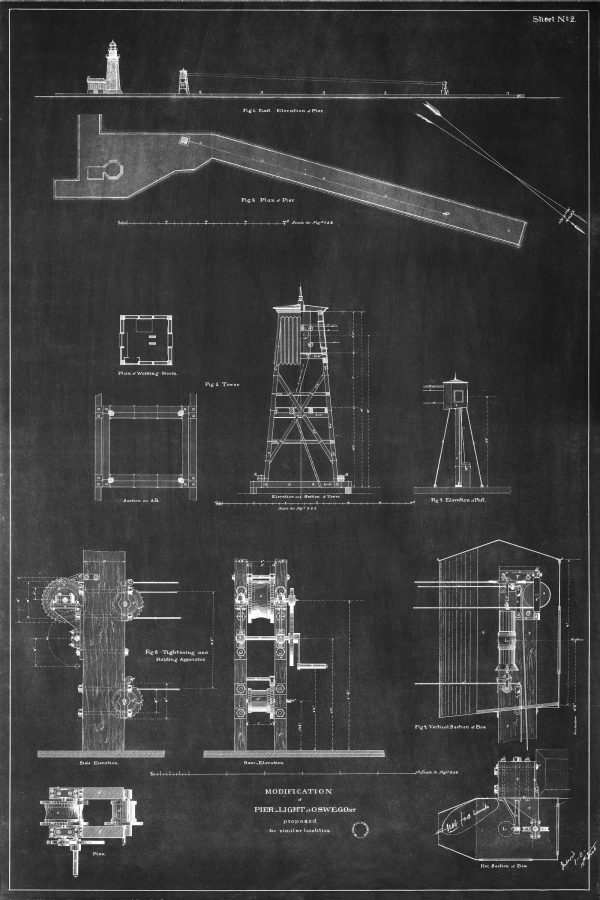 Oswego Harbor Pierhead Light Plan Drawing - New York Lighthouse, Pier Lighthouse, Lighthouse Print, Beach House Décor, Nautical Décor Print