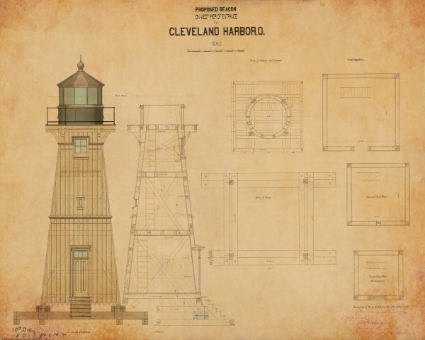 Cleveland Harbor West Pierhead Lighthouse Blueprint - Lighthouse Drawing, Nautical Poster, Beach House Décor, Ohio Lighthouse Poster Print