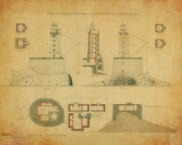 Seal Rock St. George Reef Lighthouse Blueprint - Lighthouse Drawing, Nautical Poster, Beach House Décor, California Lighthouse Poster Print