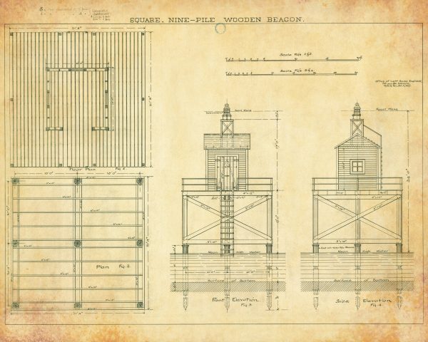 Mobile Ship Channel Beacon Blueprint - Lighthouse Print, Maritime Poster, Beach House Decor, Lighthouse Poster, Alaska Lighthouse, Nautical