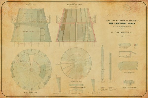 Cape Mendocino Lighthouse Blueprint - California Lighthouse, Maritime Poster, Beach House Décor, Lighthouse Poster, Nautical Print