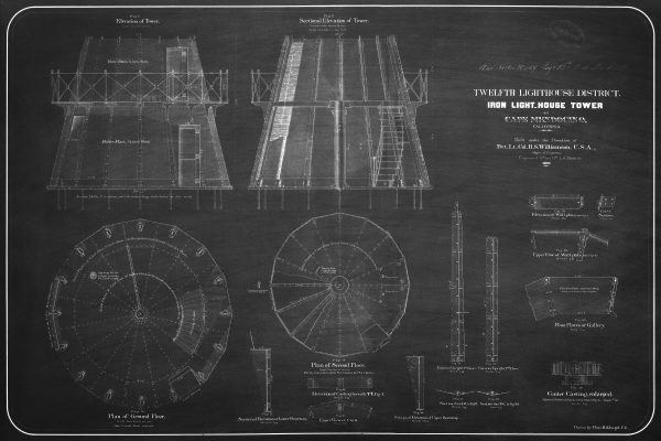 Cape Mendocino Lighthouse Blueprint - California Lighthouse, Maritime Poster, Beach House Décor, Lighthouse Poster, Nautical Print