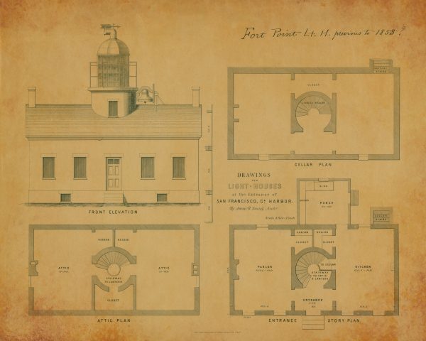 Fort Point Lighthouse Blueprint - California Lighthouse, Maritime Poster, Beach House Décor, Lighthouse Poster, Nautical Print