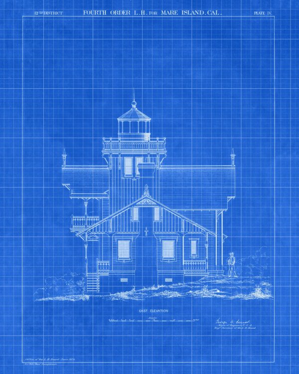 Mare Island Lighthouse Blueprint Drawing - California Lighthouse, Maritime Poster, Beach House Decor, Lighthouse Poster, Nautical Décor