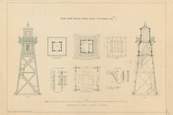 Tybee Knoll Cut Range Rear Lighthouse Blueprint - Georgia Lighthouse, Lighthouse Print, Maritime Poster, Beach House Decor, Lighthouse Print