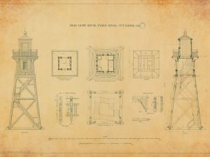 Tybee Knoll Cut Range Rear Lighthouse Blueprint – Georgia Lighthouse, Lighthouse Print, Maritime Poster, Beach House Decor, Lighthouse Print