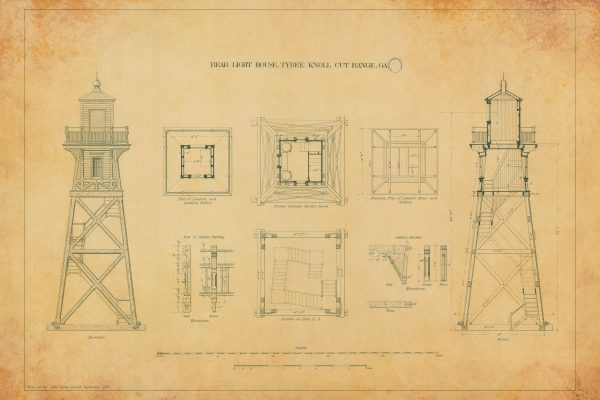 Tybee Knoll Cut Range Rear Lighthouse Blueprint - Georgia Lighthouse, Lighthouse Print, Maritime Poster, Beach House Decor, Lighthouse Print