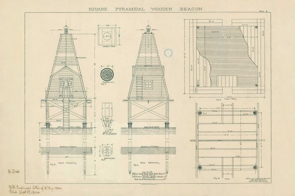 Square Pyramidal Wooden Beacon Maritime Light Blueprint - Lighthouse, Lighthouse Poster Print, Maritime Poster, Beach House Decor