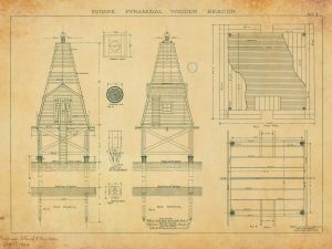 Square Pyramidal Wooden Beacon Maritime Light Blueprint – Lighthouse, Lighthouse Poster Print, Maritime Poster, Beach House Decor