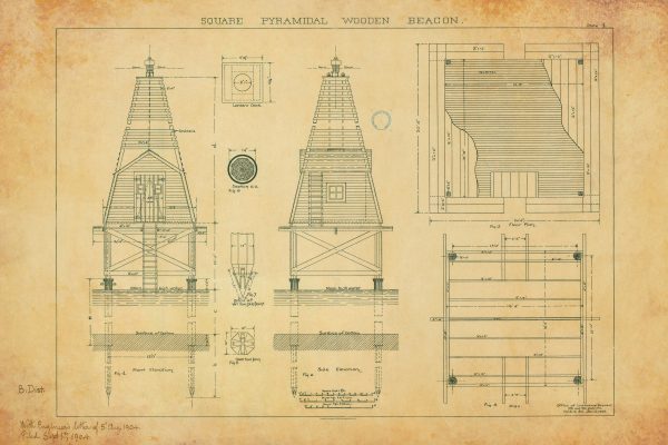 Square Pyramidal Wooden Beacon Maritime Light Blueprint - Lighthouse, Lighthouse Poster Print, Maritime Poster, Beach House Decor