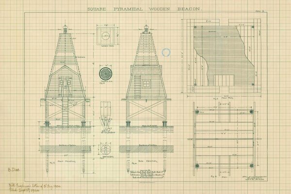 Square Pyramidal Wooden Beacon Maritime Light Blueprint - Lighthouse, Lighthouse Poster Print, Maritime Poster, Beach House Decor