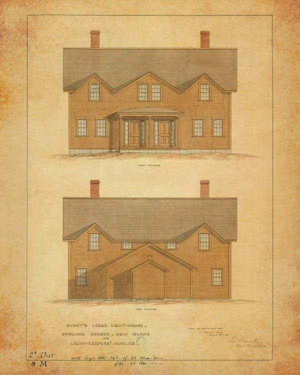 Minot's Ledge Lighthouse Keeper's Dwelling Drawing - Massachusetts Lighthouse, Lighthouse Print, Maritime Poster, Beach House Décor