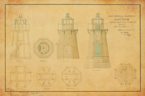 Portland Breakwater Lighthouse Blueprint - Maine Lighthouse, Lighthouse Print, Bug Light Poster, Beach House Décor, Nautical Poster Print,