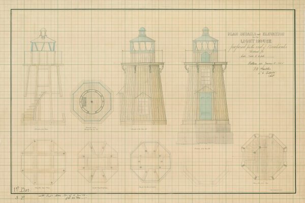 Portland Breakwater Lighthouse Blueprint - Maine Lighthouse, Lighthouse Print, Bug Light Poster, Beach House Décor, Nautical Poster Print,