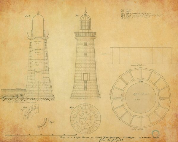 Waugoshance Lighthouse Drawing Blueprint - Lighthouse Print, Nautical Poster, Beach House Décor, Lighthouse Poster, Michigan Light Station