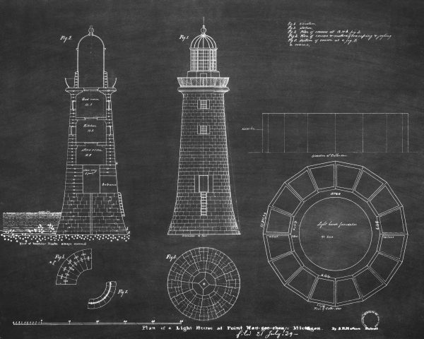 Waugoshance Lighthouse Drawing Blueprint - Lighthouse Print, Nautical Poster, Beach House Décor, Lighthouse Poster, Michigan Light Station