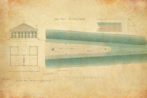 Cat Island Lighthouse Keepers Dwelling Blueprint - Mississippi Lighthouse, Lighthouse Print Poster, Beach House Décor, Nautical Poster Print