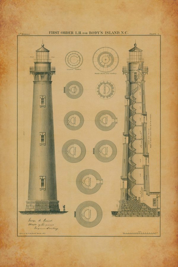 Bodie Island Lighthouse Plan Drawing - North Carolina Lighthouse, Pier Lighthouse, Lighthouse Print, Beach House Décor, Nautical Décor Print