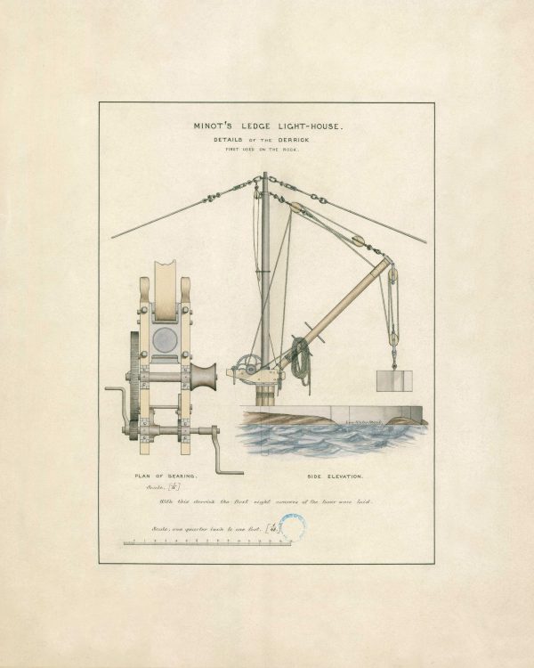 Minot's Ledge Lighthouse Derrick Detail Blueprint - Massachusetts Lighthouse, Lighthouse Poster Print, Maritime Poster, Beach House Décor