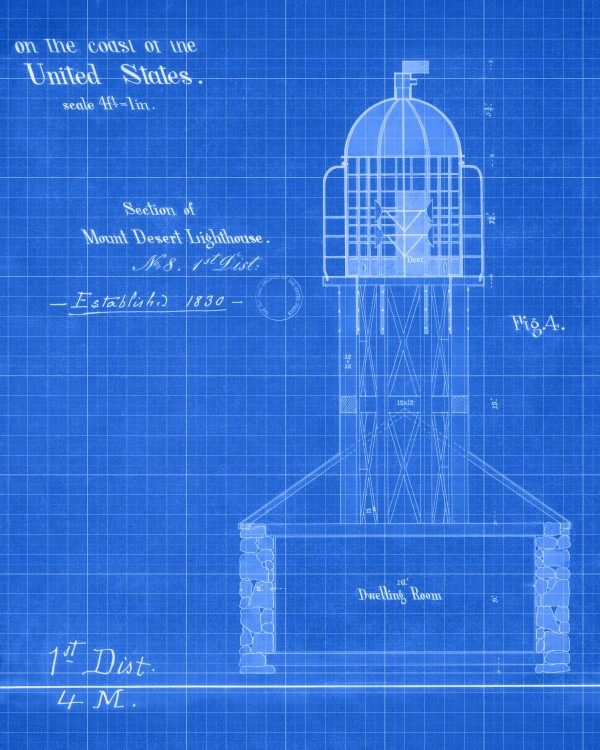 Mount Desert Lighthouse Section Blueprint - 1830 Lighthouse Drawing, Beach House Décor, Maine Lighthouse Print, Maritime Nautical Poster