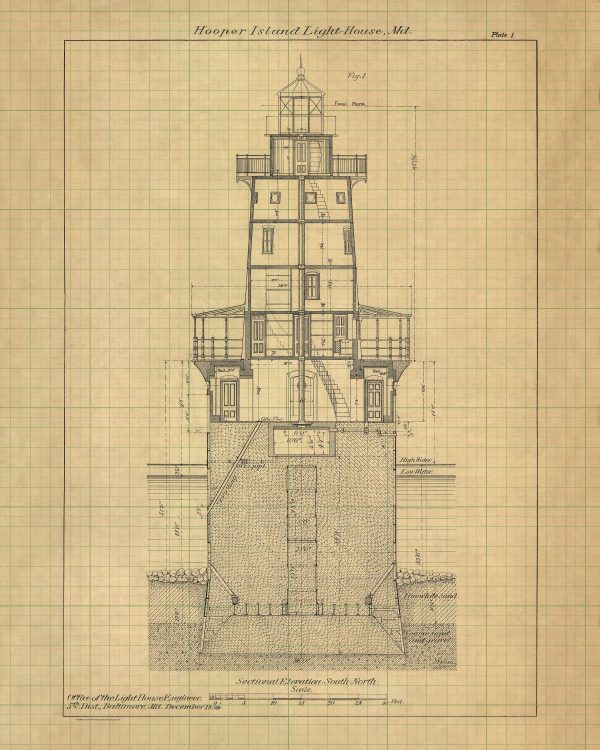 Hooper Island Lighthouse Blueprint - Maryland Lighthouse, Lighthouse Poster Print, Maritime Poster, Beach House Décor, Nautical Decor Print