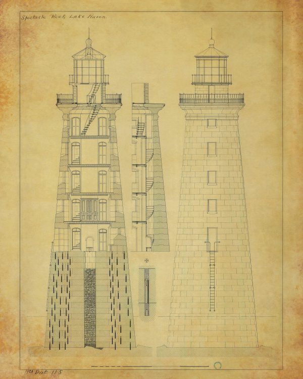 Spectacle Reef Lighthouse Section Drawing - Michigan Lighthouse, Lake Huron Lighthouse Poster, Beach House Décor, Nautical Poster Print