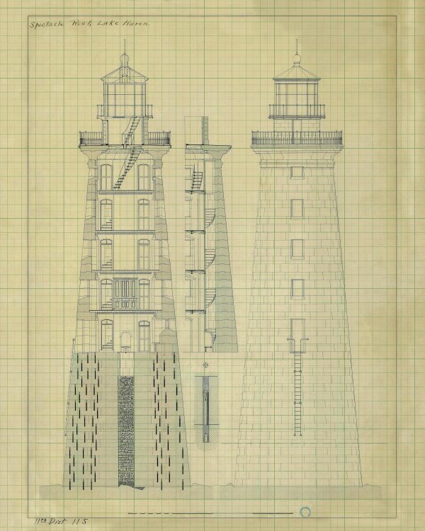 Spectacle Reef Lighthouse Section Drawing - Michigan Lighthouse, Lake Huron Lighthouse Poster, Beach House Décor, Nautical Poster Print