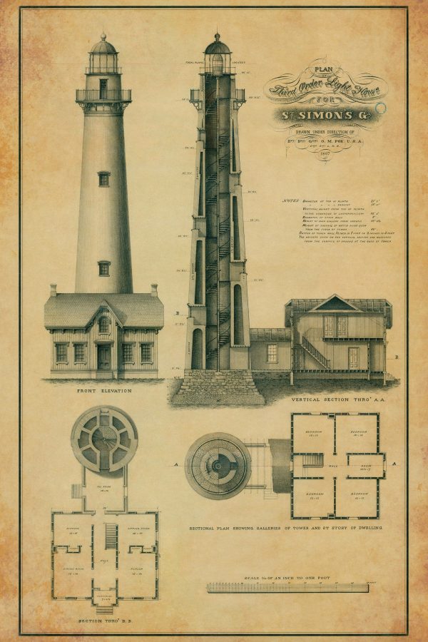 St. Simons Lighthouse Blueprint - Georgia Lighthouse, Lighthouse Print, Maritime Poster, Beach House Décor, Nautical Lighthouse Poster