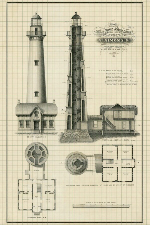 St. Simons Lighthouse Blueprint - Georgia Lighthouse, Lighthouse Print, Maritime Poster, Beach House Décor, Nautical Lighthouse Poster