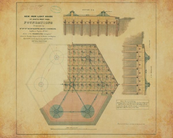 Southwest Pass Lighthouse Foundation Blueprint - Louisiana Lighthouse, Lighthouse Print Poster, Maritime Poster, Beach House Decor