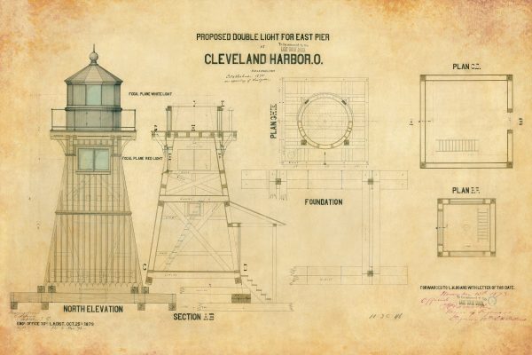 Cleveland Harbor East Pier Lighthouse Blueprint - Lighthouse Drawing, Nautical Poster, Beach House Décor, Ohio Lighthouse Poster Print