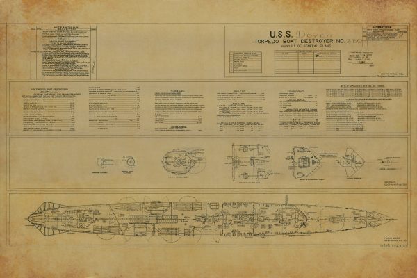 USS Doyen Torpedo Boat Destroyer Drawing - Navy Ship Blueprint, Battleship Blueprint, Old Ship Blueprint, Navy Ship Poster, Warship Drawing