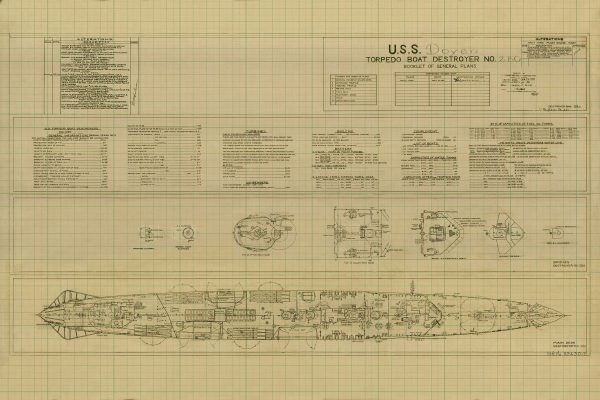 USS Doyen Torpedo Boat Destroyer Drawing - Navy Ship Blueprint, Battleship Blueprint, Old Ship Blueprint, Navy Ship Poster, Warship Drawing