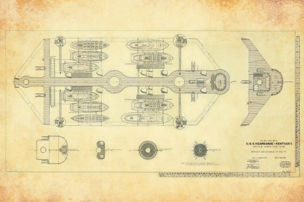 USS Kearsarge & Kentucky Bridges and Stowage Boats Blueprint - Old Battleship Blueprint, Navy Ship Blueprint Poster, Warship Blueprint