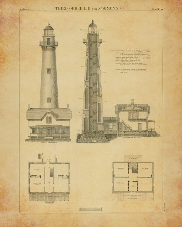 St. Simons Lighthouse Elevation & Section Drawing - Georgia Lighthouse, Maritime Poster, Beach House Décor, Nautical Lighthouse Poster Print