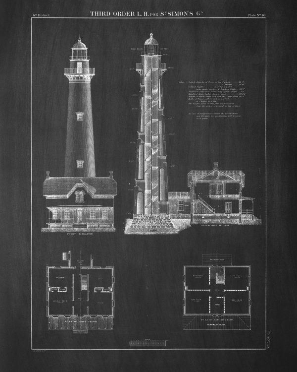 St. Simons Lighthouse Elevation & Section Drawing - Georgia Lighthouse, Maritime Poster, Beach House Décor, Nautical Lighthouse Poster Print