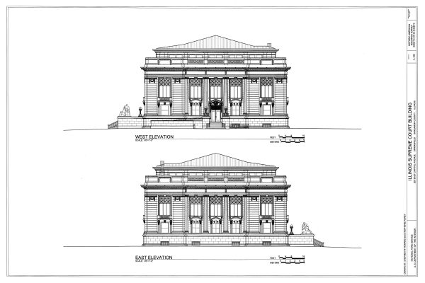 Illinois Supreme Court East & West Elevation Drawing - Supreme Court Blueprint, Springfield Illinois Court Drawing, Law Firm Blueprint Decor