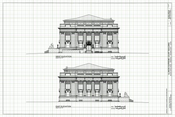 Illinois Supreme Court East & West Elevation Drawing - Supreme Court Blueprint, Springfield Illinois Court Drawing, Law Firm Blueprint Decor