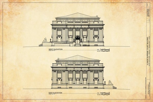 Illinois Supreme Court East & West Elevation Drawing - Supreme Court Blueprint, Springfield Illinois Court Drawing, Law Firm Blueprint Decor