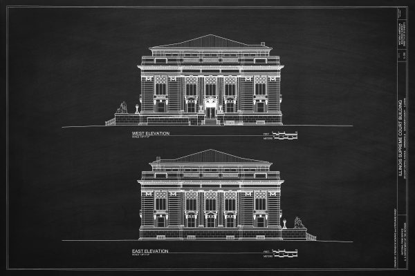 Illinois Supreme Court East & West Elevation Drawing - Supreme Court Blueprint, Springfield Illinois Court Drawing, Law Firm Blueprint Decor