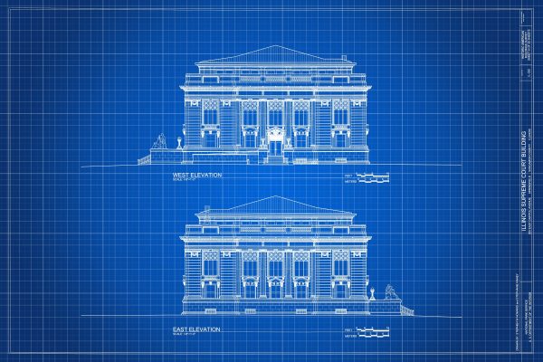 Illinois Supreme Court East & West Elevation Drawing - Supreme Court Blueprint, Springfield Illinois Court Drawing, Law Firm Blueprint Decor