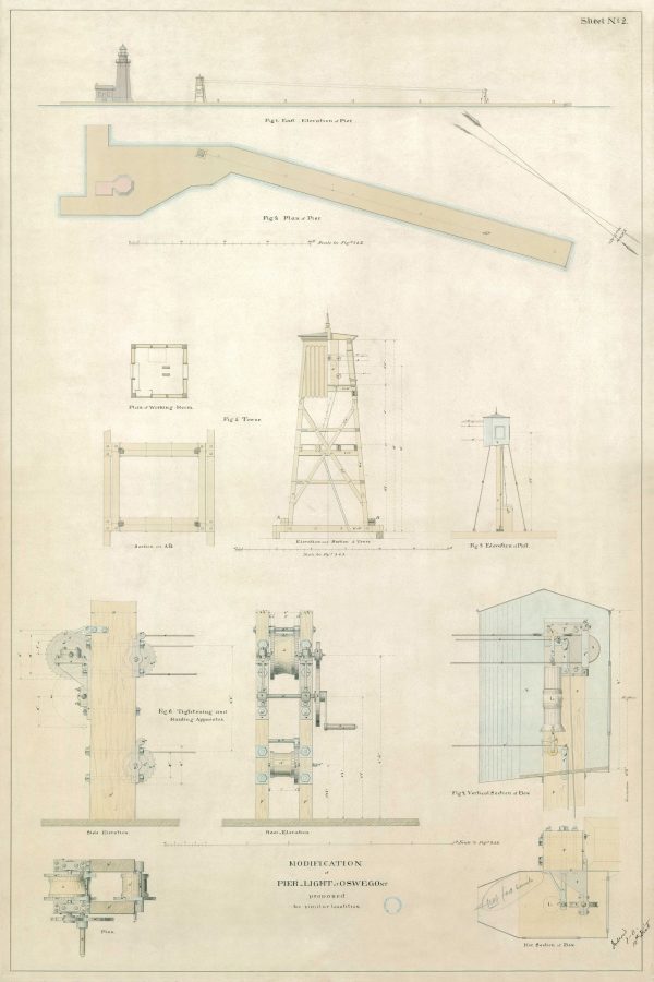 Oswego Harbor Pierhead Light Plan Drawing - New York Lighthouse, Pier Lighthouse, Lighthouse Print, Beach House Décor, Nautical Décor Print