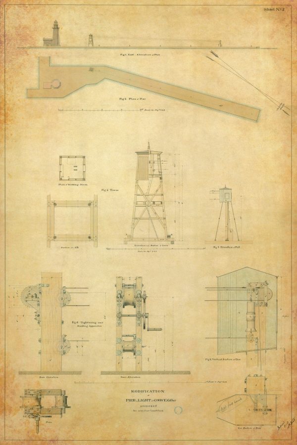 Oswego Harbor Pierhead Light Plan Drawing - New York Lighthouse, Pier Lighthouse, Lighthouse Print, Beach House Décor, Nautical Décor Print