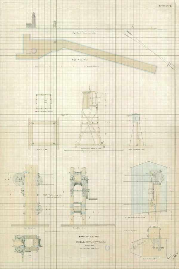 Oswego Harbor Pierhead Light Plan Drawing - New York Lighthouse, Pier Lighthouse, Lighthouse Print, Beach House Décor, Nautical Décor Print